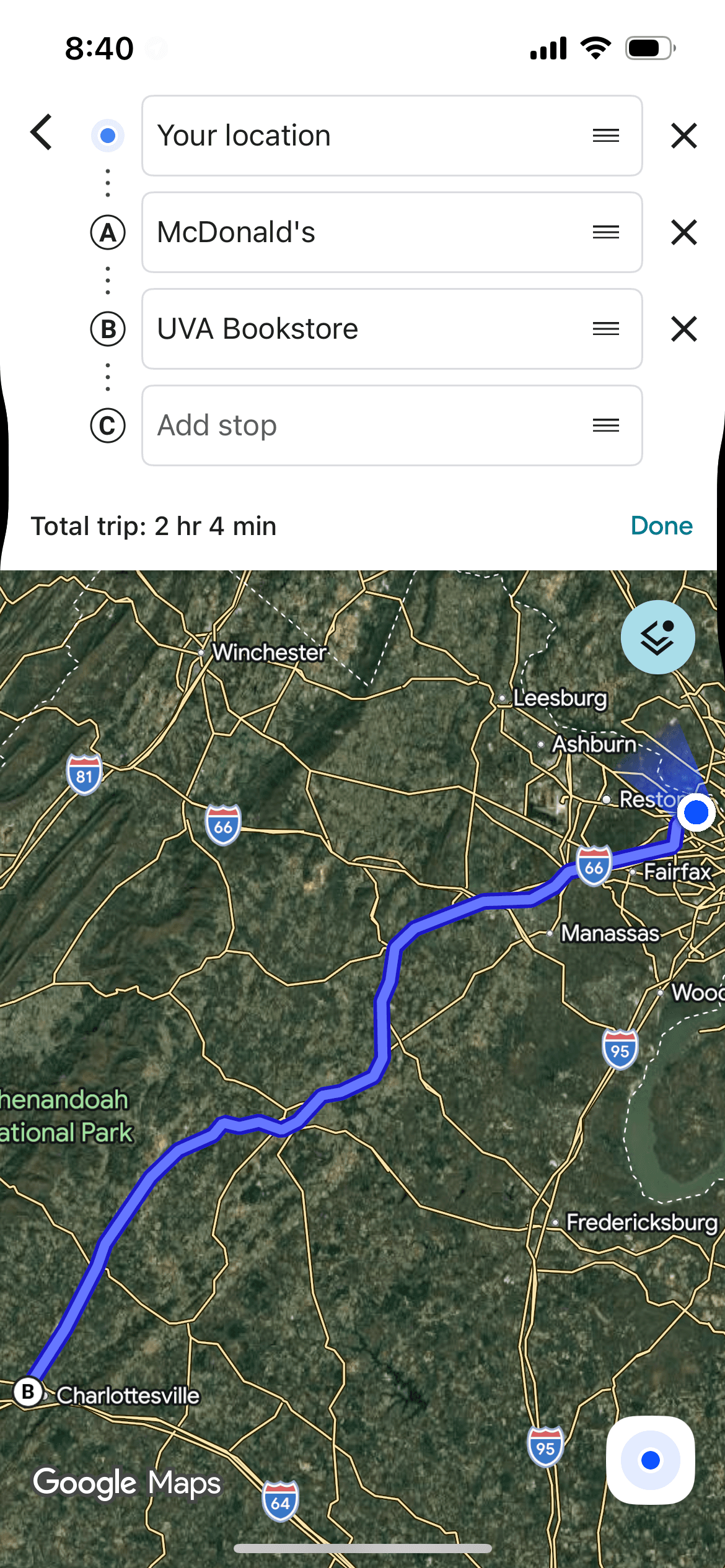 McDonald's search with route line visible