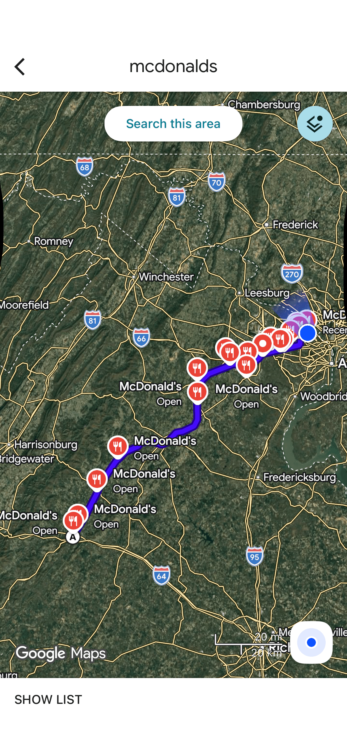 McDonald's search results filtered to corridor