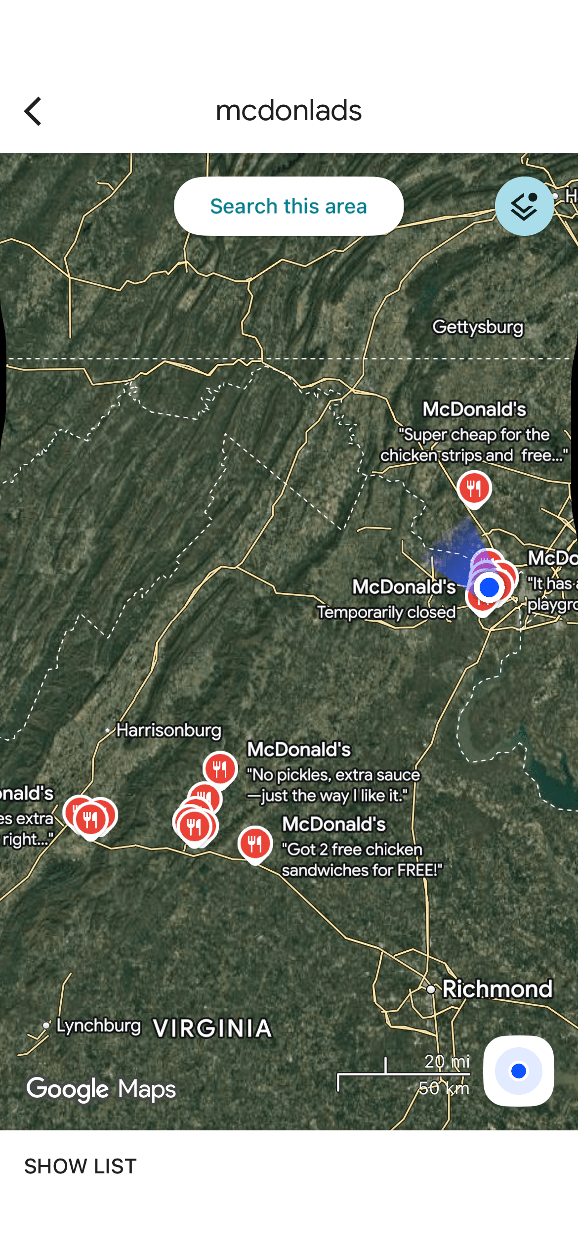 McDonald's results showing two disconnected pin clusters