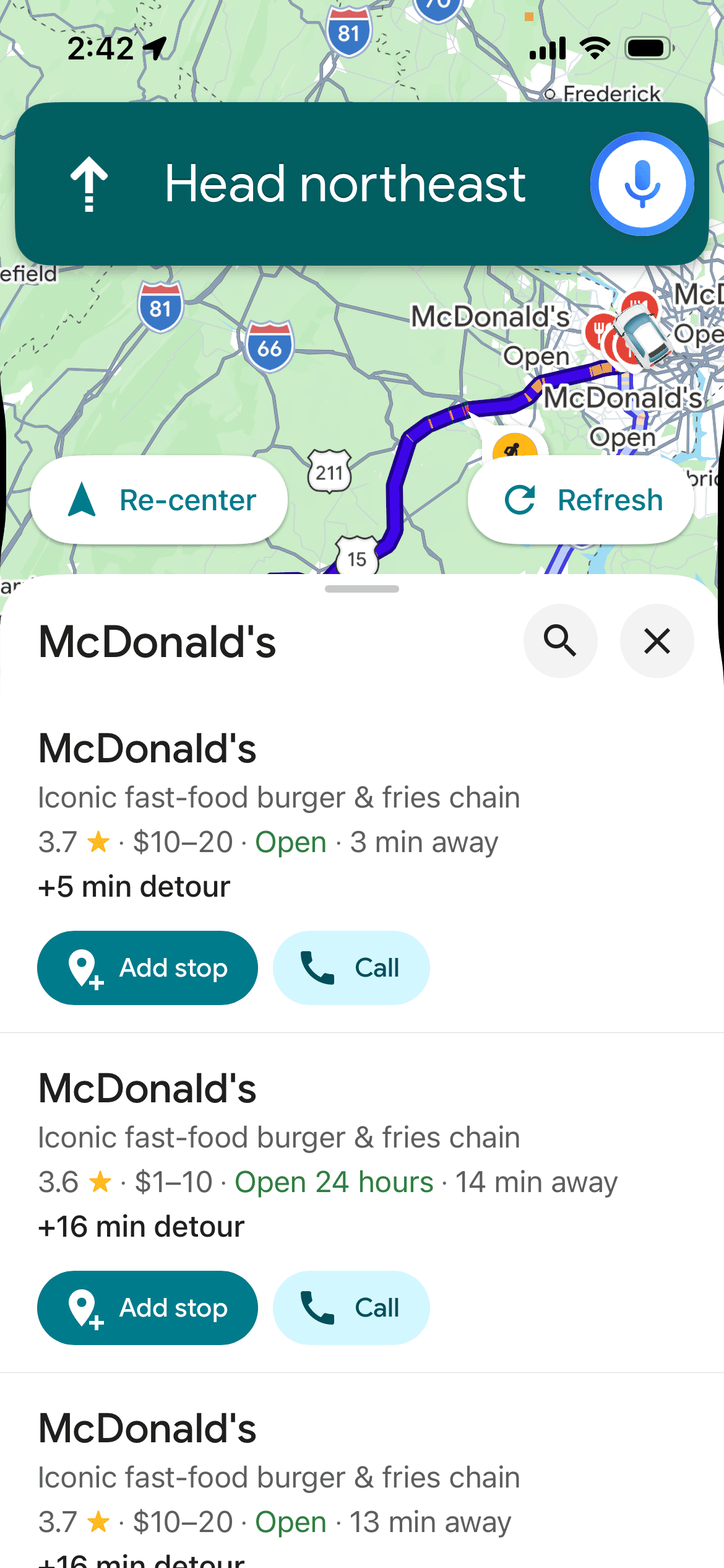 Voice navigation showing detour badges with wrong candidate set
